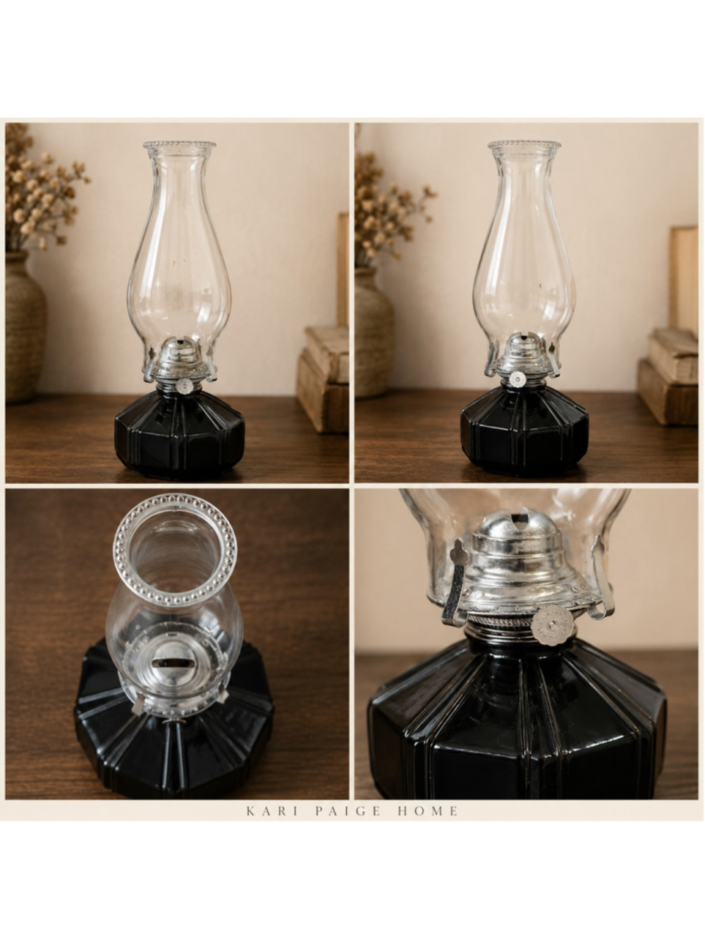 Vintage Lamplight Farms Black Glass Oil Lamp Clear Hurricane Chimney Made in USA